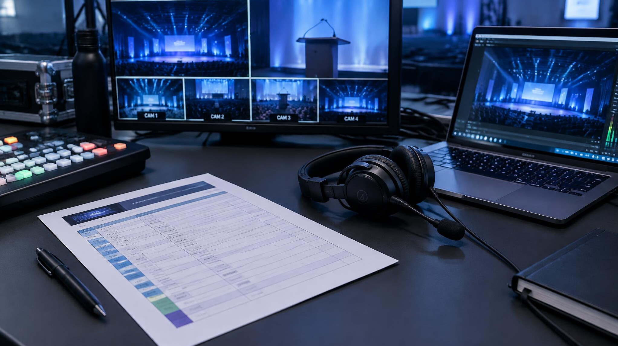Run-of-show document and headset on a production desk with monitors