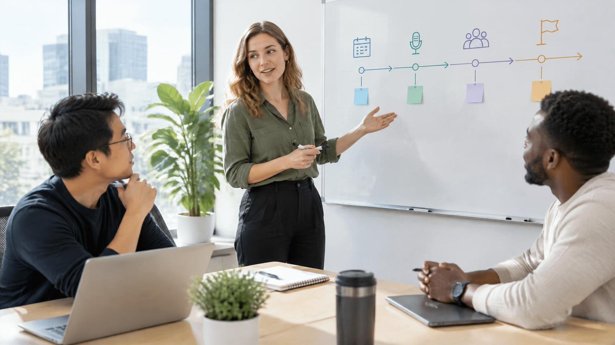 Production team discussing an event timeline in a meeting room