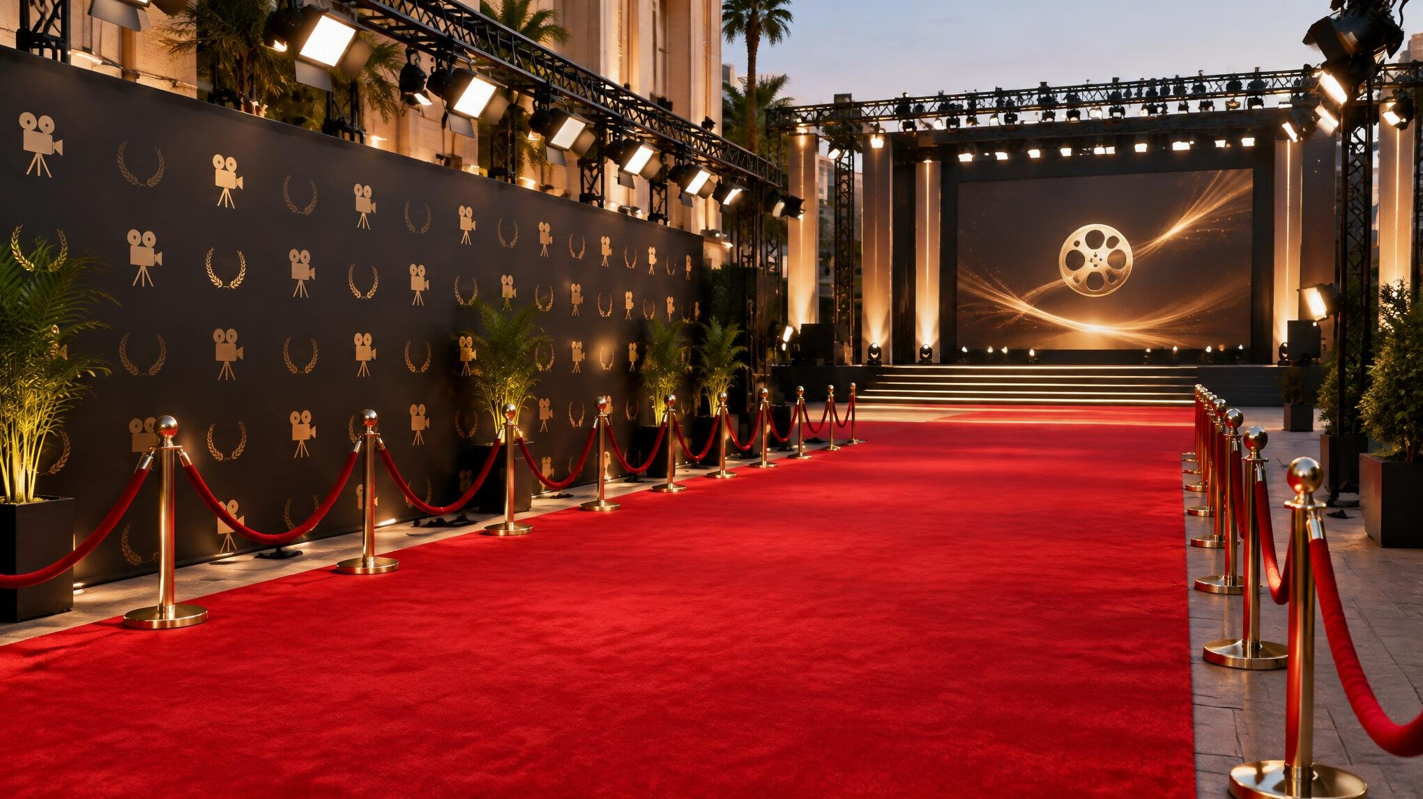 Red carpet premiere event stage setup with lighting rigs and backdrop