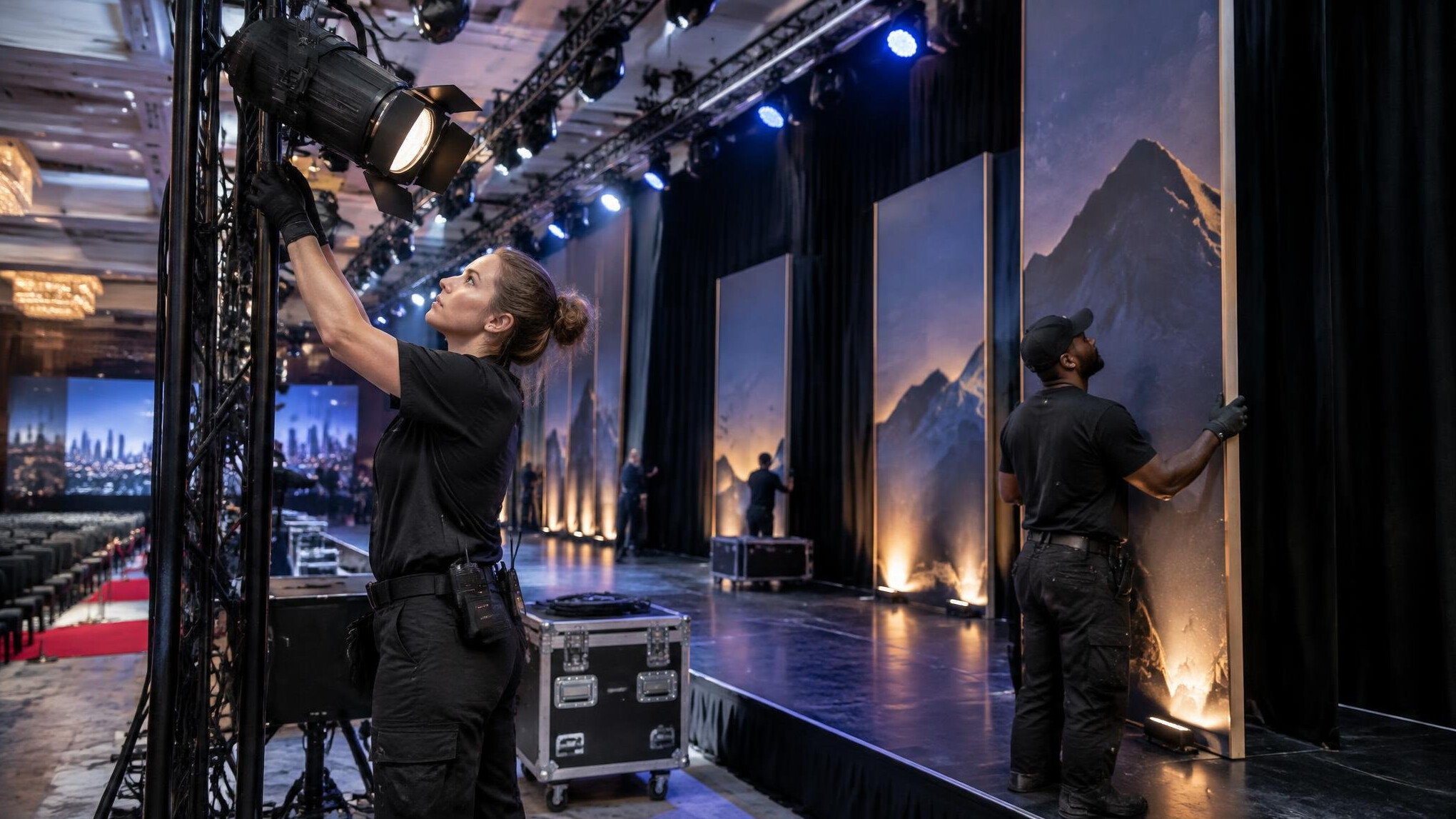 Production crew adjusting stage lighting before a premiere event