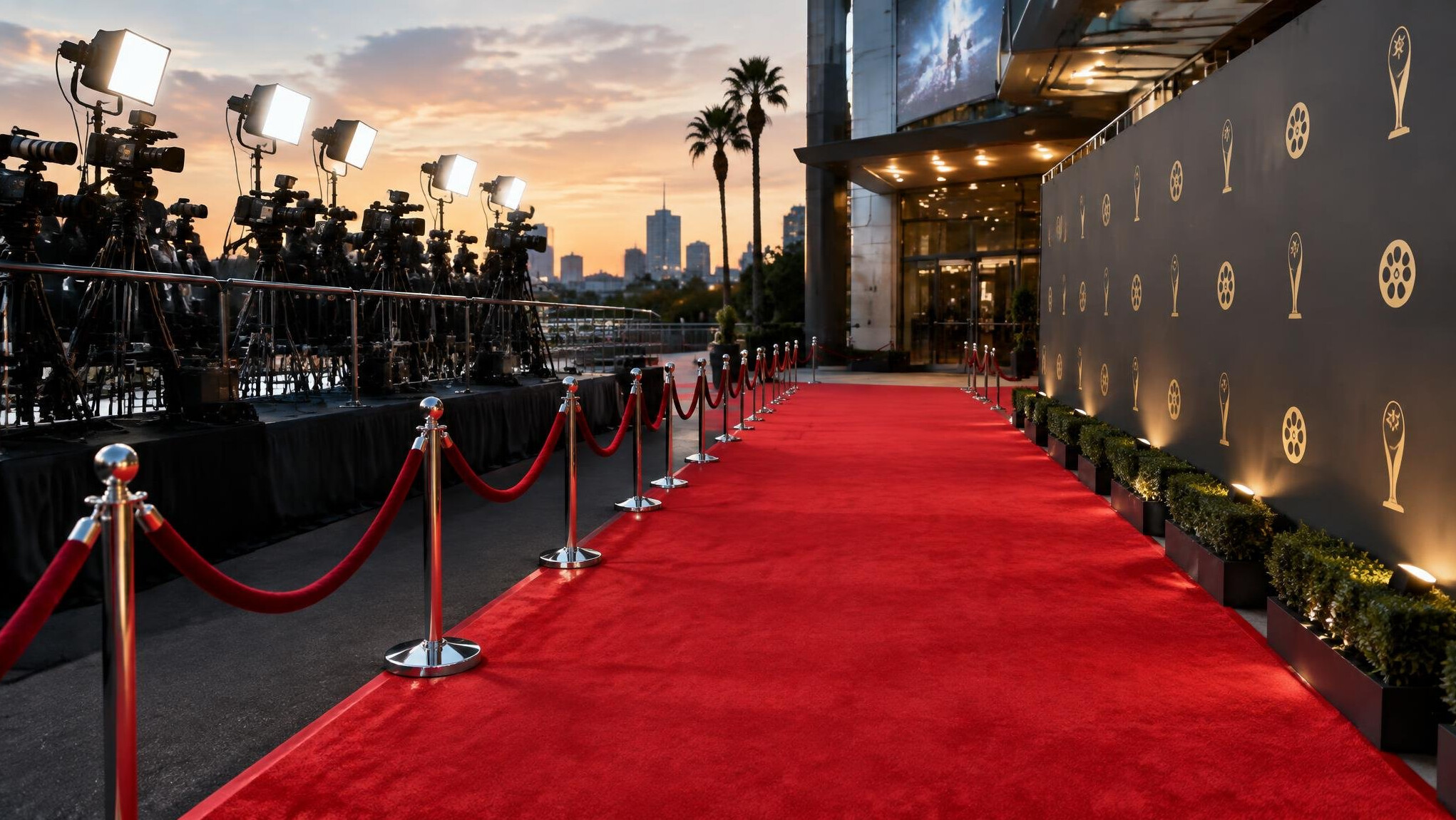 Red carpet arrival area with rope barriers and press pit