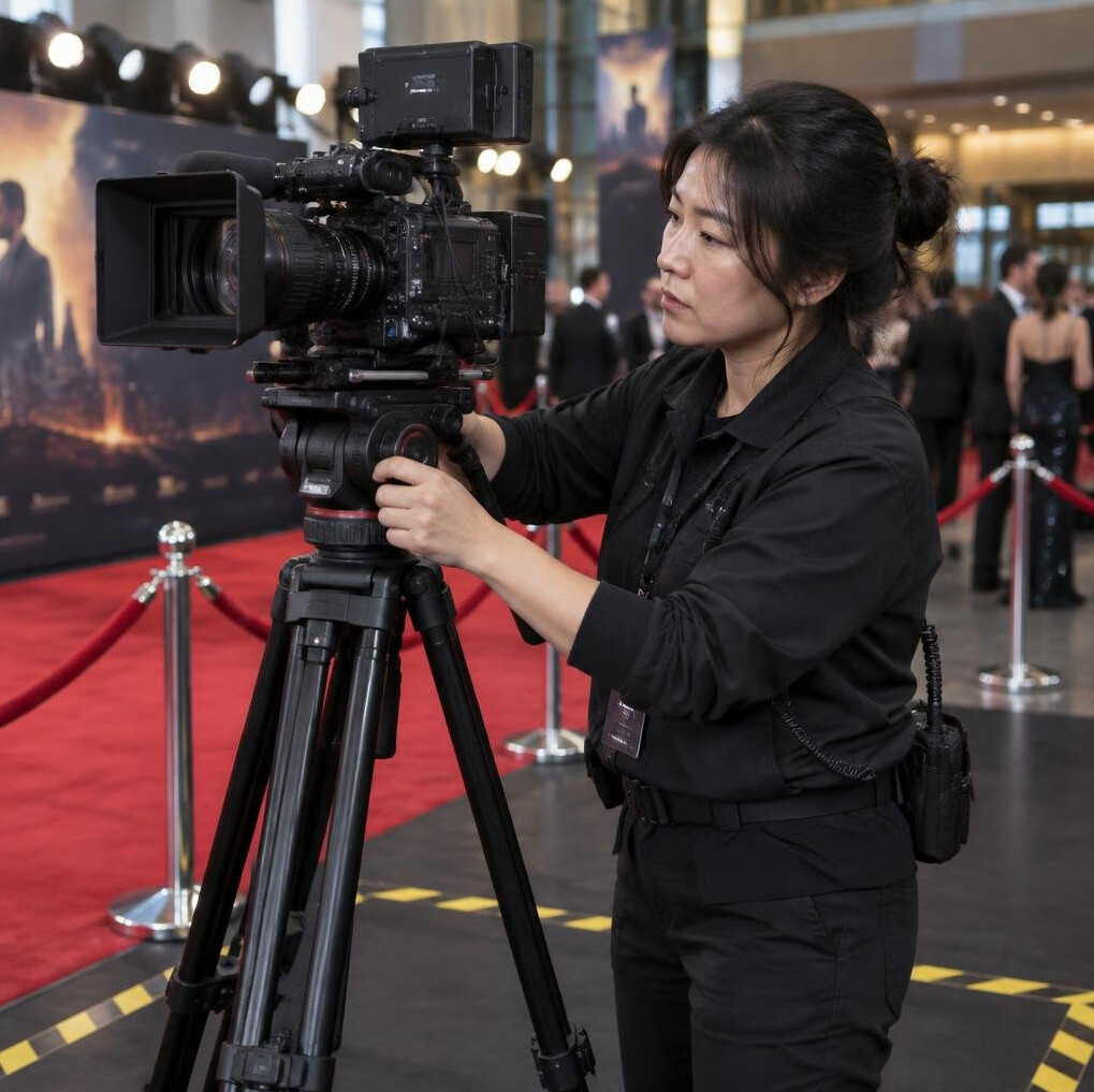 Camera operator adjusting a tripod camera at a marked position