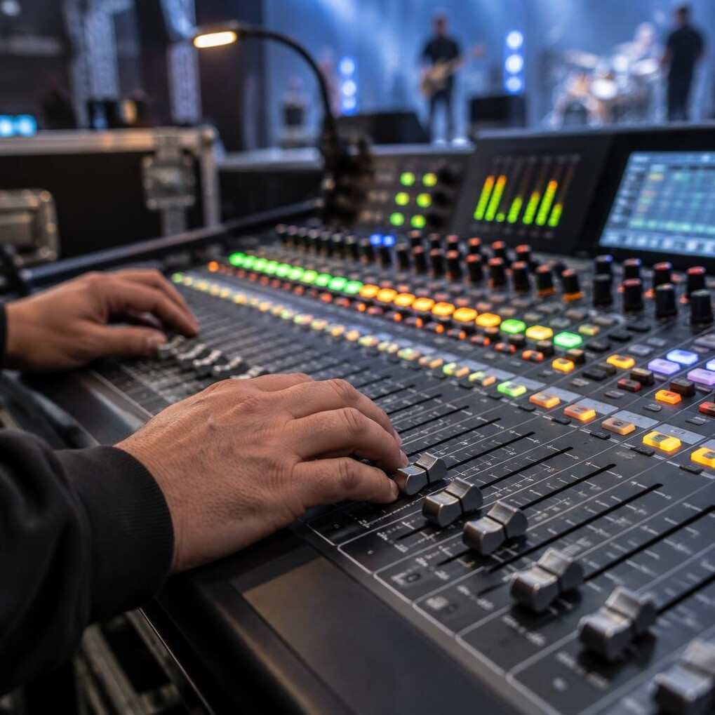 Mixing console with channel faders during a sound check
