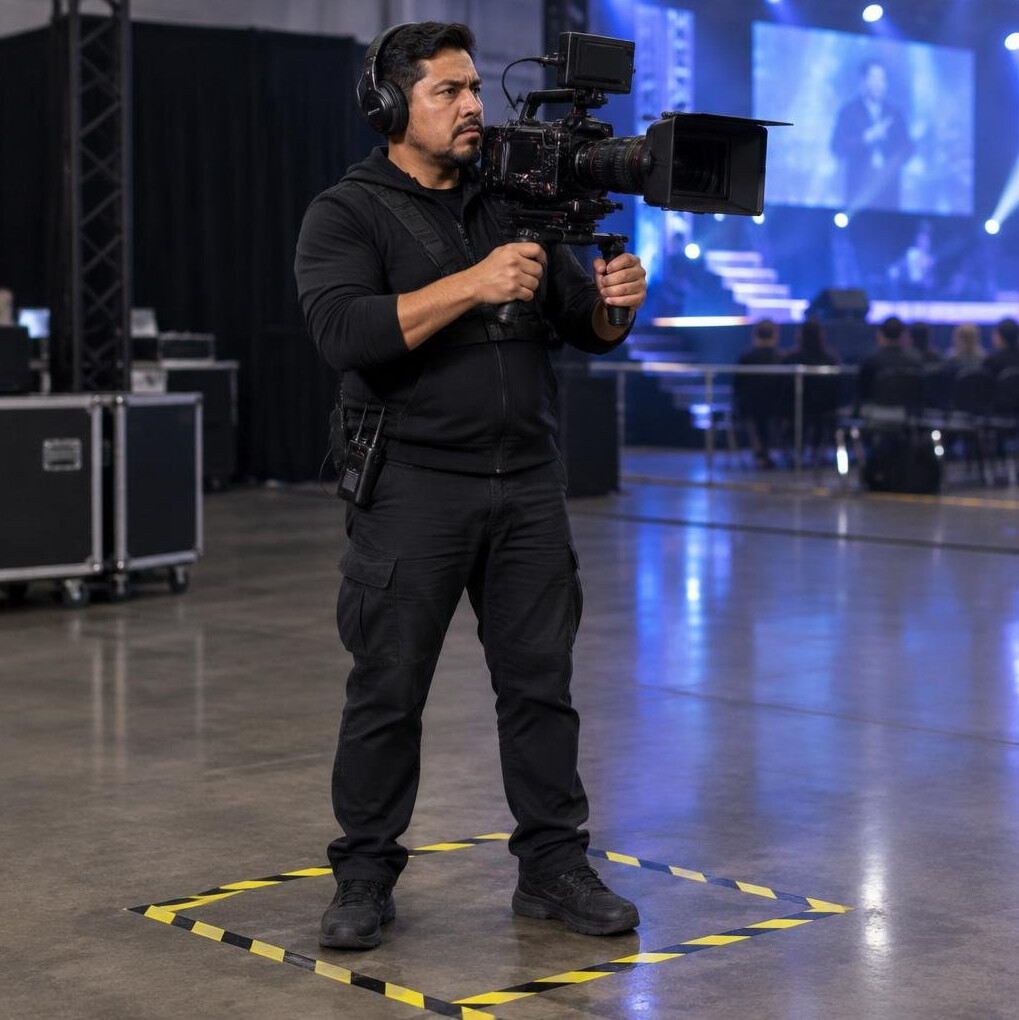 Camera operator standing at a marked camera zone during an event