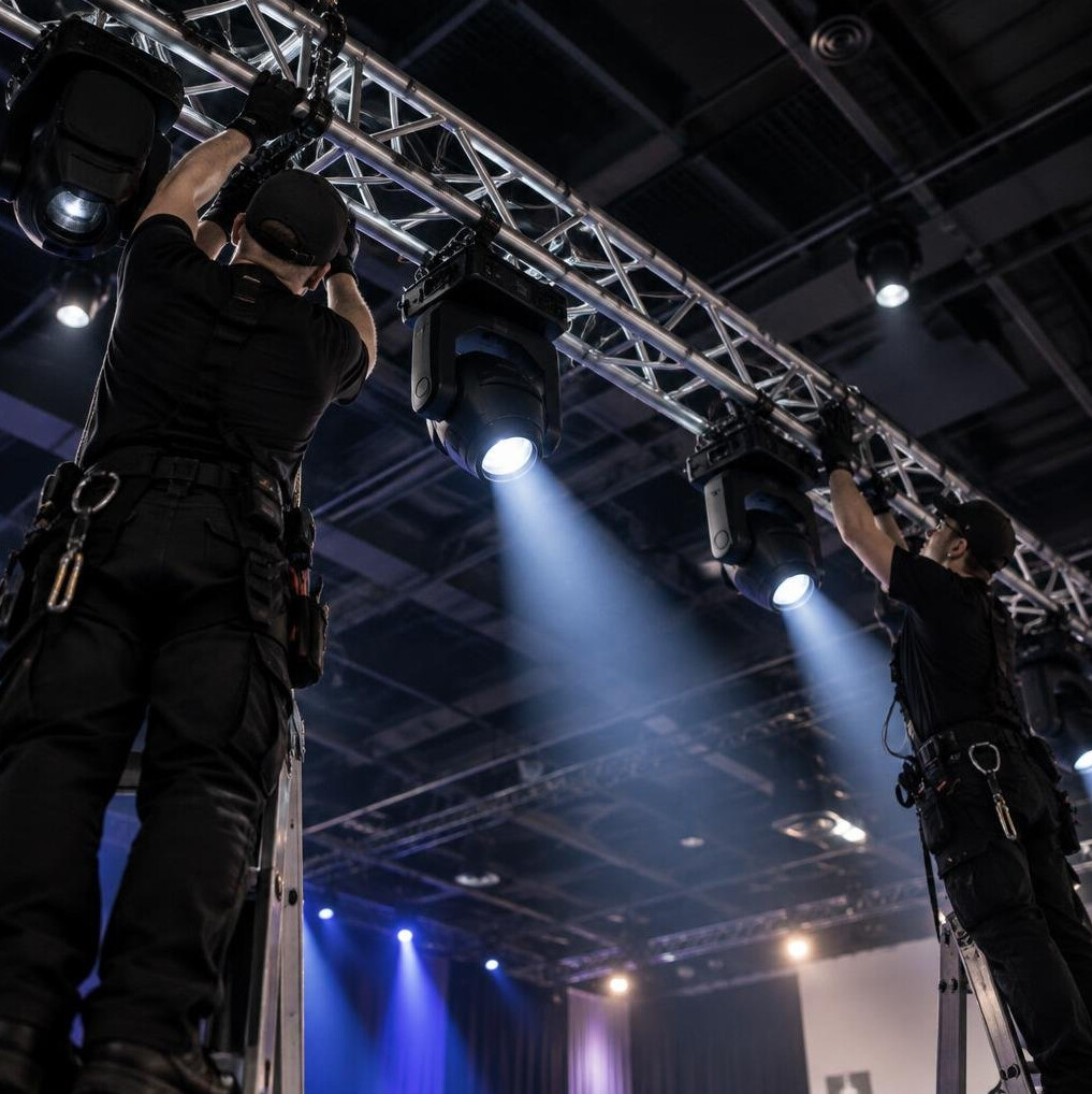 Technicians rigging stage truss with spotlights