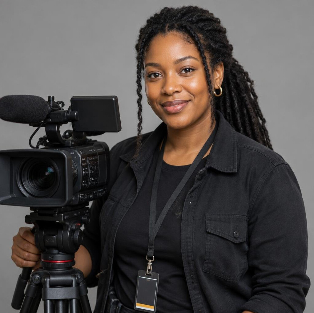 Portrait of a lead camera operator woman with a lanyard