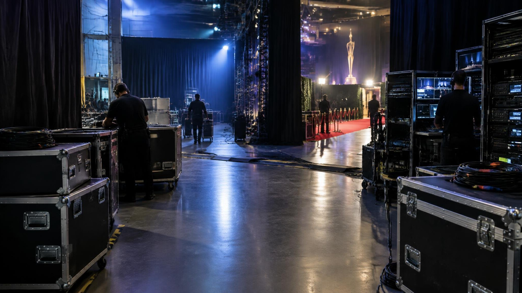 Backstage area of a premiere venue with crew and equipment cases